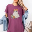 Medium Berry Red Lace Ghost Halloween Girly Spooky Coquette Orange Bow Ribbon Flowers Spider Web Comfort Colors Tee
