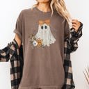 Large Espresso Brown Lace Ghost Halloween Girly Spooky Coquette Orange Bow Ribbon Flowers Spider Web Comfort Colors Tee