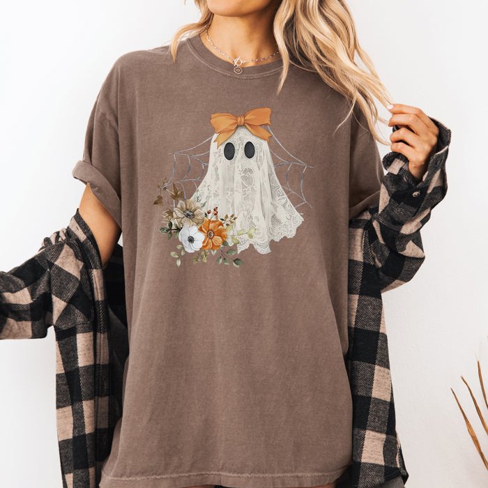 Lace Ghost Halloween Girly Spooky Coquette Orange Bow Ribbon Flowers Spider Web Comfort Colors Tee