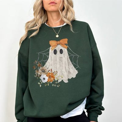 Lace Ghost Halloween Girly Spooky Coquette Lacey Ghost Orange Bow Ribbon Flowers Spider Web Sweatshirt