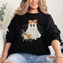 XL Black Lace Ghost Halloween Girly Spooky Coquette Lacey Ghost Orange Bow Ribbon Flowers Spider Web Sweatshirt