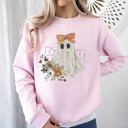 XXXL Light Pink Lace Ghost Halloween Girly Spooky Coquette Lacey Ghost Orange Bow Ribbon Flowers Spider Web Sweatshirt