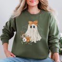 Large Military Green Lace Ghost Halloween Girly Spooky Coquette Lacey Ghost Orange Bow Ribbon Flowers Spider Web Sweatshirt