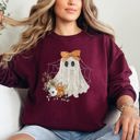 Medium Maroon Lace Ghost Halloween Girly Spooky Coquette Lacey Ghost Orange Bow Ribbon Flowers Spider Web Sweatshirt