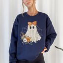 Large Navy Lace Ghost Halloween Girly Spooky Coquette Lacey Ghost Orange Bow Ribbon Flowers Spider Web Sweatshirt
