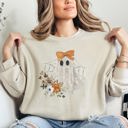 XXL Sand Lace Ghost Halloween Girly Spooky Coquette Lacey Ghost Orange Bow Ribbon Flowers Spider Web Sweatshirt