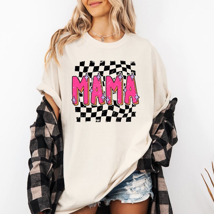 Mama Checkered Vibrant Retro Vintage Classic Bold Nostalgic Playful Energetic Statement Comfort Colors Tee