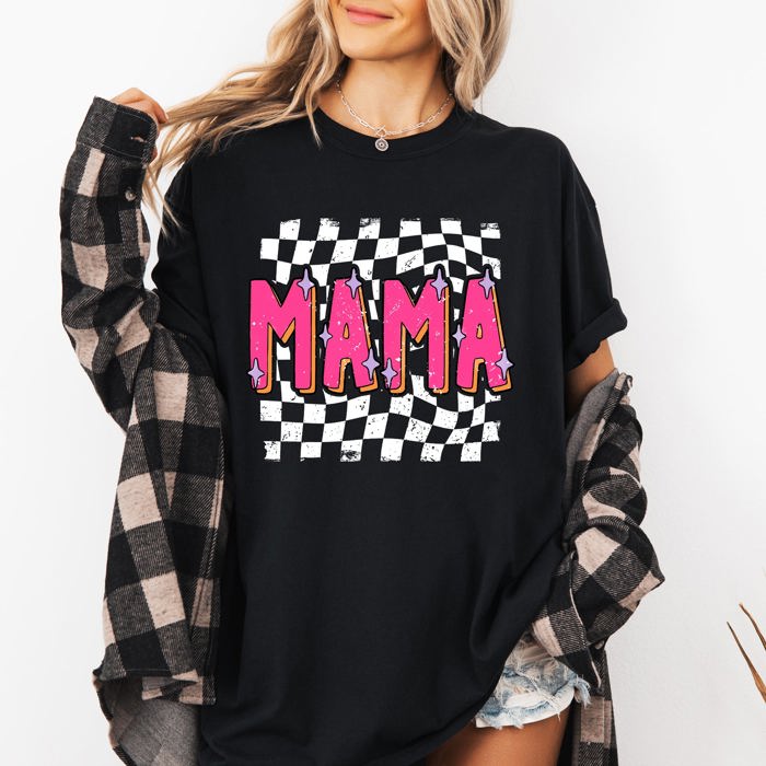Mama Checkered Vibrant Retro Vintage Classic Bold Nostalgic Playful Energetic Statement Comfort Colors Tee