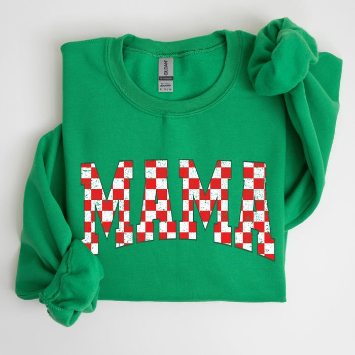 Mama, Christmas Checkered, Red, White, Santa, Varsity, Retro, Vintage Sweatshirt