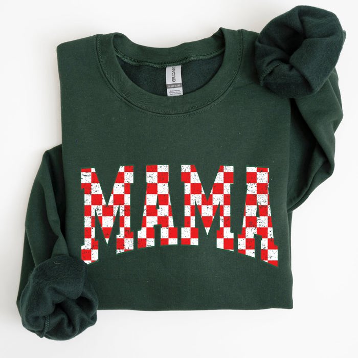Mama, Christmas Checkered, Red, White, Santa, Varsity, Retro, Vintage Sweatshirt