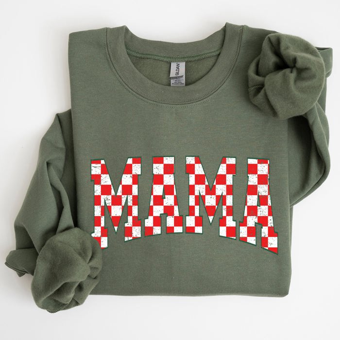 Mama, Christmas Checkered, Red, White, Santa, Varsity, Retro, Vintage Sweatshirt