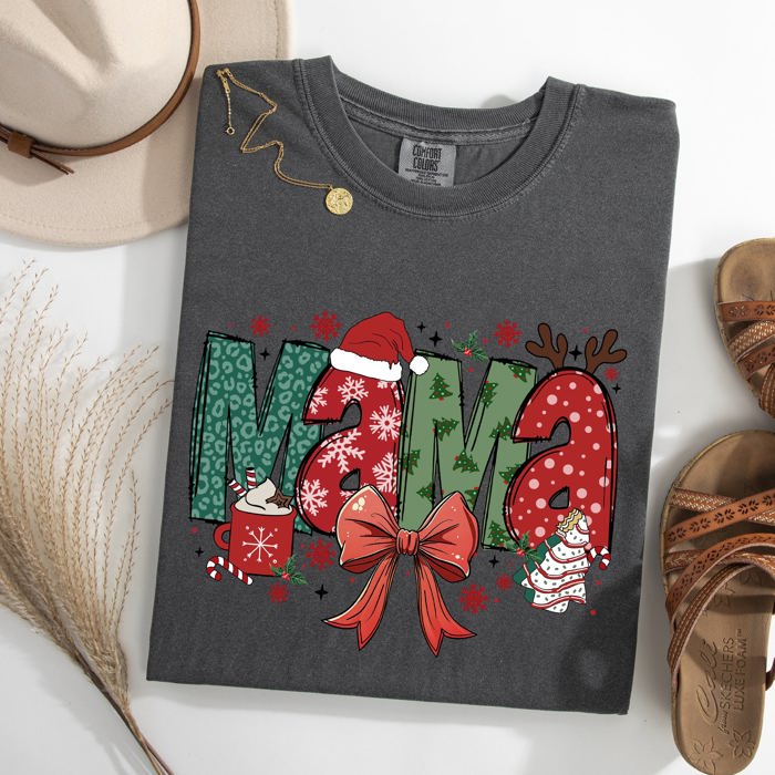 Mama Christmas Fun Reindeer Hot Chocolate Cake Holiday Family Theme Comfort Colors Tee
