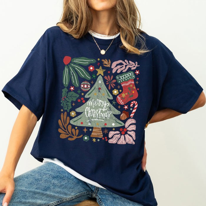 Merry Christmas Green Floral Flowers Winter Holiday Garden Motif Classic Keepsake Comfort Colors Tee