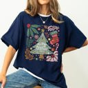 Large Navy Merry Christmas Green Floral Flowers Winter Holiday Garden Motif Classic Keepsake Comfort Colors Tee