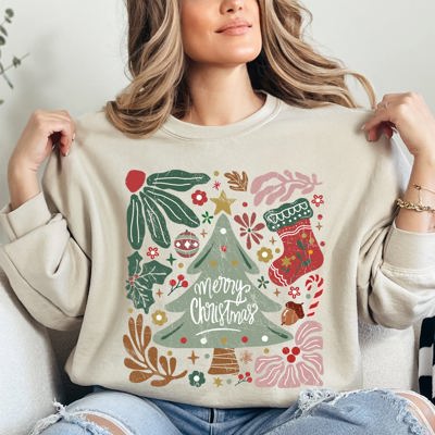 Merry Christmas Green Floral Pattern Emblazoned With Classic Holiday Flowers Sweatshirt