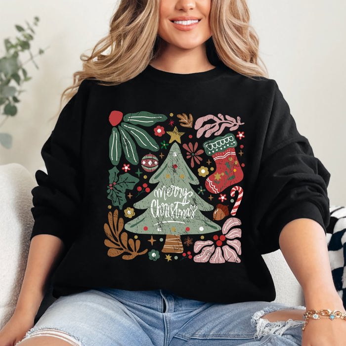Merry Christmas Green Floral Pattern Emblazoned With Classic Holiday Flowers Sweatshirt