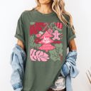 Medium Moss Dark Green Merry Christmas Pink Floral Pattern With Elegant Holiday Garden Motif And Vintage Cheer Comfort Colors Tee