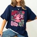 Medium Navy Merry Christmas Pink Floral Pattern With Elegant Holiday Garden Motif And Vintage Cheer Comfort Colors Tee