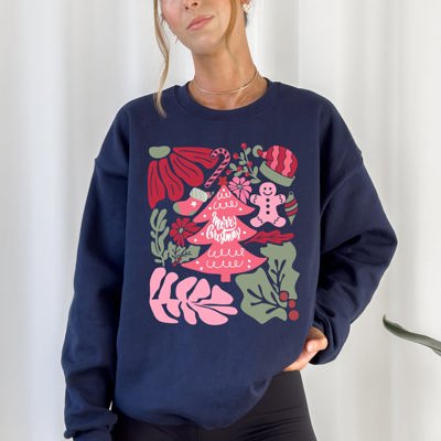 Merry Christmas Pink Floral Festive Garden Bouquets With Winter Snowflakes And Holiday Cheer Sweatshirt