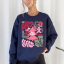 XXL Navy Merry Christmas Pink Floral Festive Garden Bouquets With Winter Snowflakes And Holiday Cheer Sweatshirt