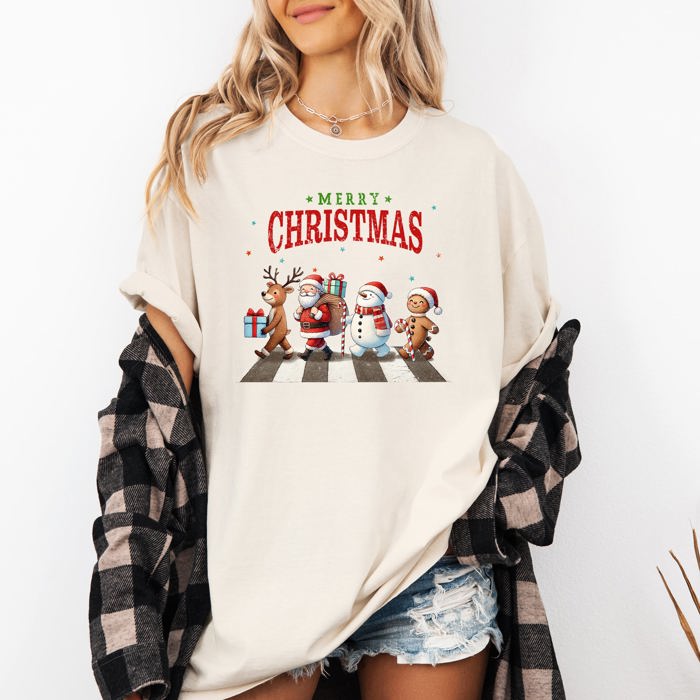 Merry Christmas Reindeer Santa Snowman Gingerbread Xmas Holiday Scene Comfort Colors Tee
