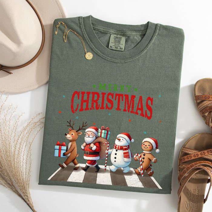Merry Christmas Reindeer Santa Snowman Gingerbread Xmas Holiday Scene Comfort Colors Tee