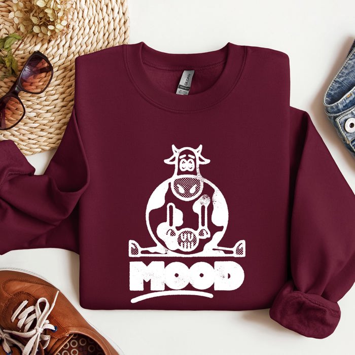Moo'd Cow Funny Moody Mental Health Positivity Encouraging Humor Wellness Vibes For Positivity Seekers Sweatshirt