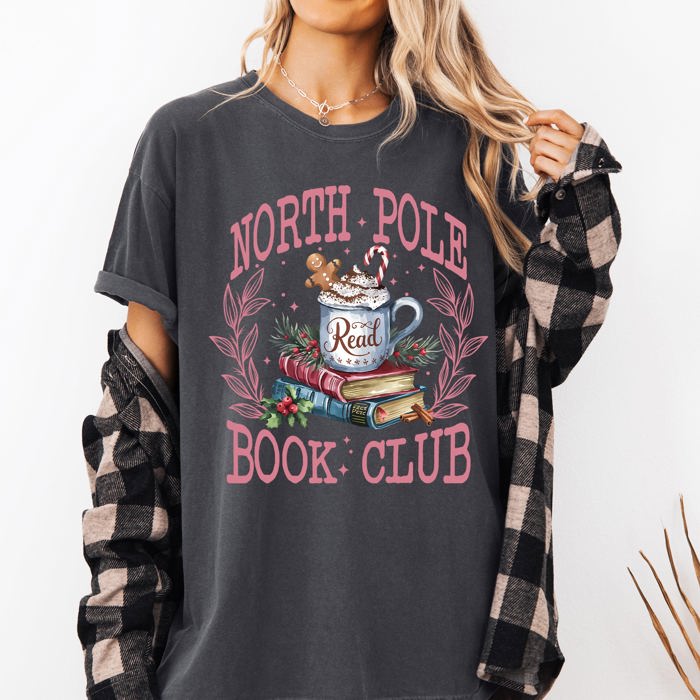 North Pole Book Club Reading Teacher Cozy Christmas Santa Library Comfort Colors Tee