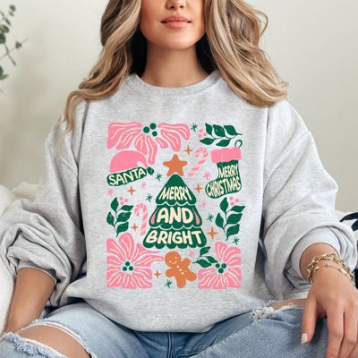 Pink Merry And Bright Candy Cane Tree Christmas Flowers Floral Holiday Design Sweatshirt