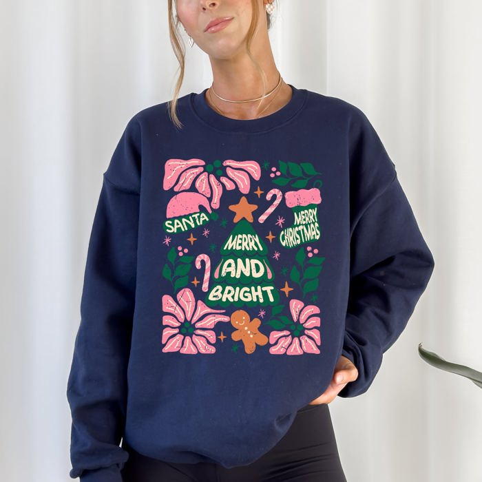 Pink Merry And Bright Candy Cane Tree Christmas Flowers Floral Holiday Design Sweatshirt