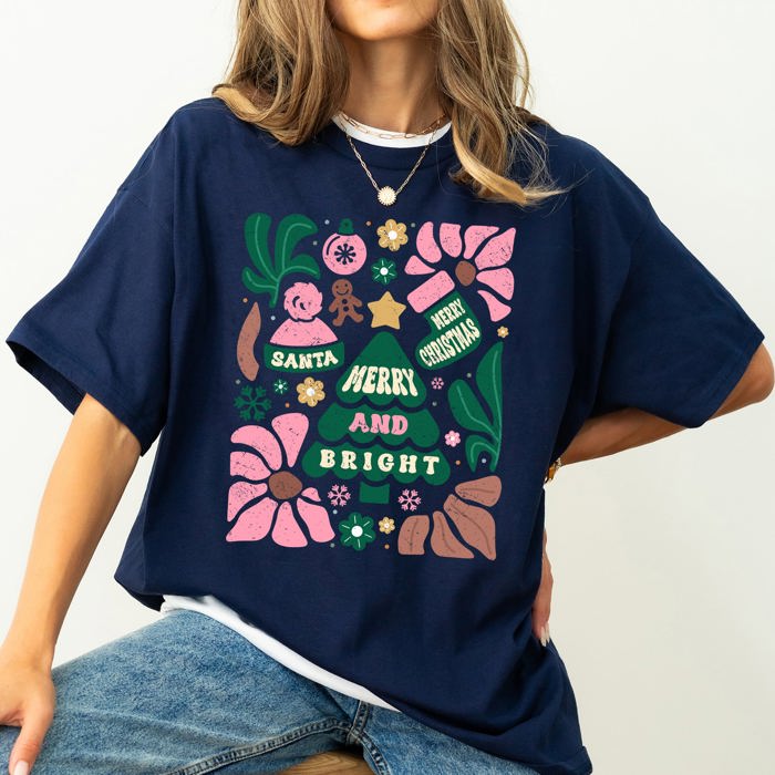Merry And Bright Ornament Tree Christmas Flowers Festive Floral Holiday Design Comfort Colors Tee