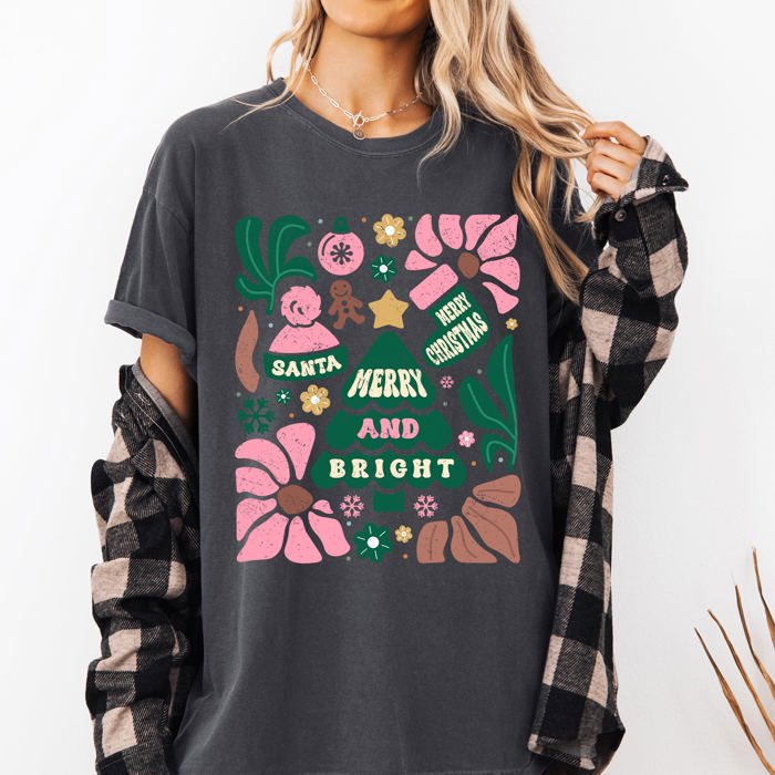 Merry And Bright Ornament Tree Christmas Flowers Festive Floral Holiday Design Comfort Colors Tee