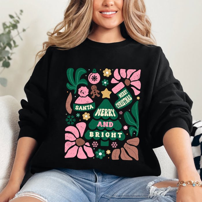 Pink Merry and Bright Ornament Tree Christmas Flowers Floral Holiday Edition Sweatshirt