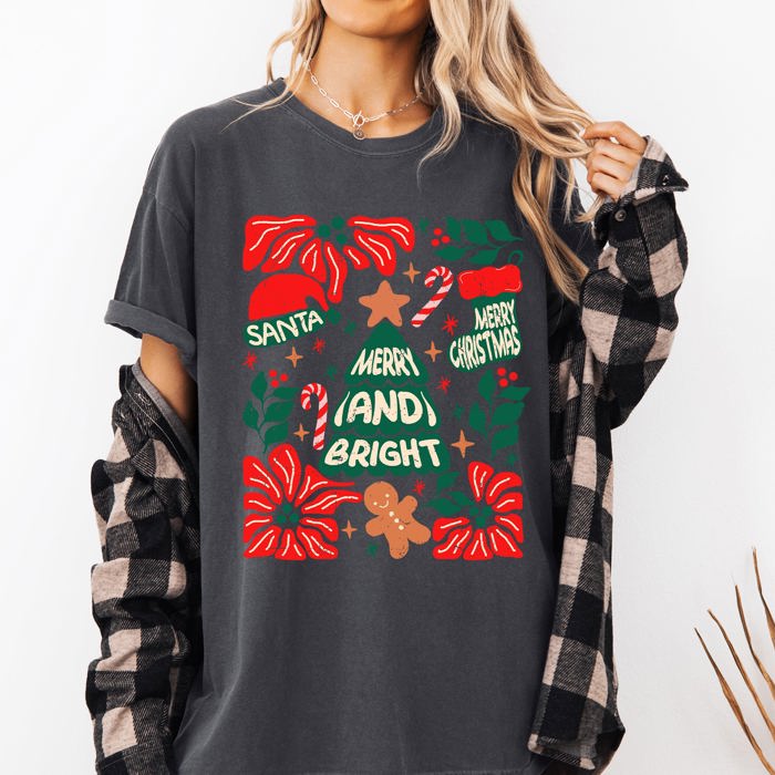 Merry And Bright Candy Cane Tree Floral Christmas Theme Featuring Vintage Floral Accents Comfort Colors Tee