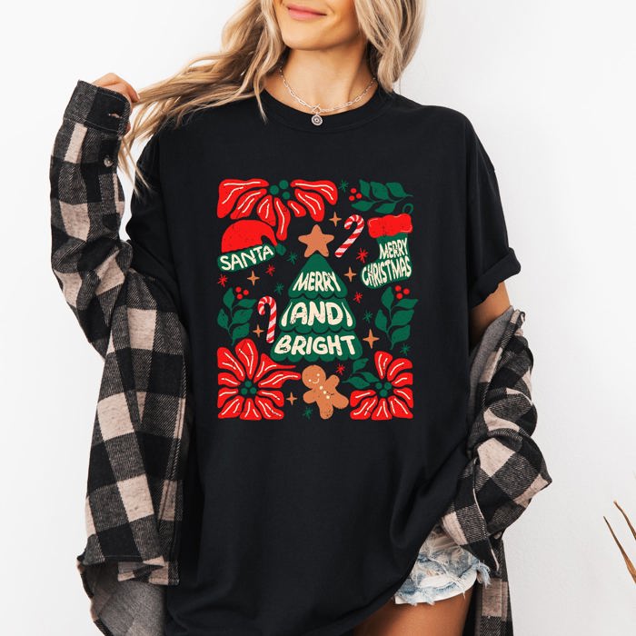 Merry And Bright Candy Cane Tree Floral Christmas Theme Featuring Vintage Floral Accents Comfort Colors Tee