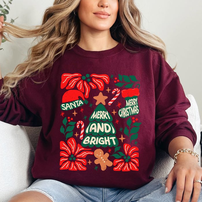 Merry And Bright Christmas Candy Cane Tree Floral Holiday Cheer Design Sweatshirt
