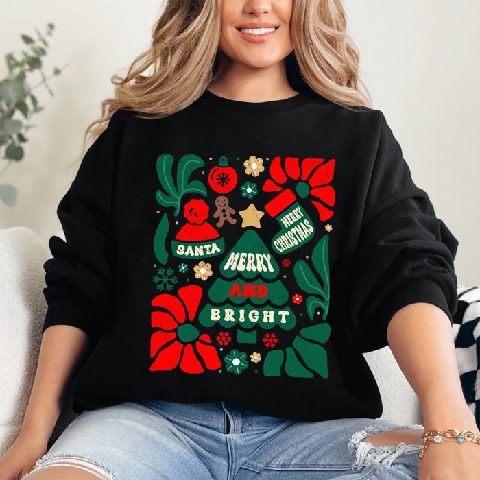 Merry And Bright Floral Ornament Tree Christmas Pattern With Festive Flowers Sweatshirt