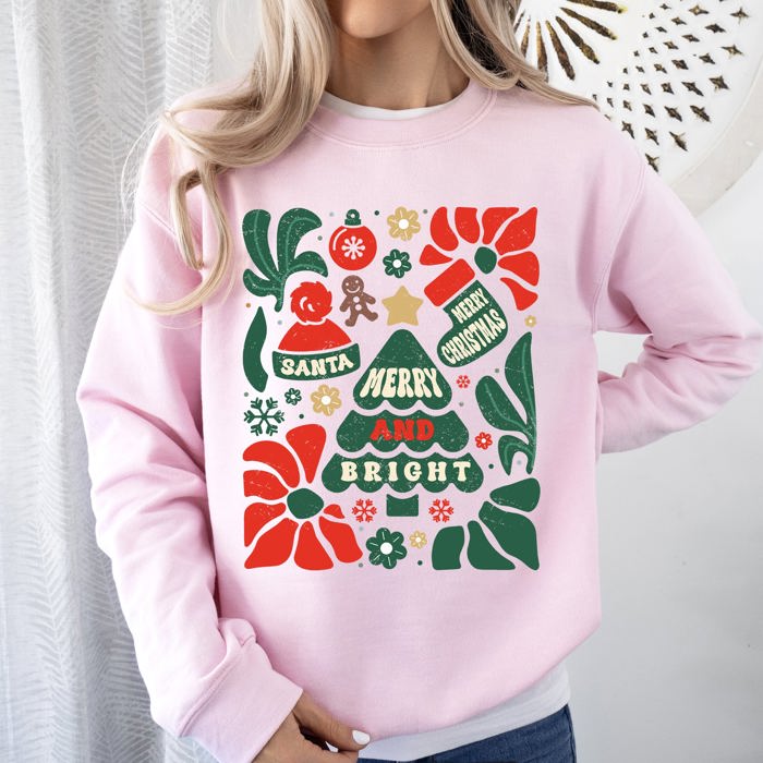 Merry And Bright Floral Ornament Tree Christmas Pattern With Festive Flowers Sweatshirt