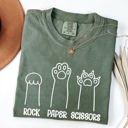 Small Moss Dark Green Rock Paper Scissors Cat Mom Feline Pet Artwork Graphic Illustration Comfort Colors Tee