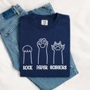 Large Navy Rock Paper Scissors Cat Mom Feline Pet Artwork Graphic Illustration Comfort Colors Tee