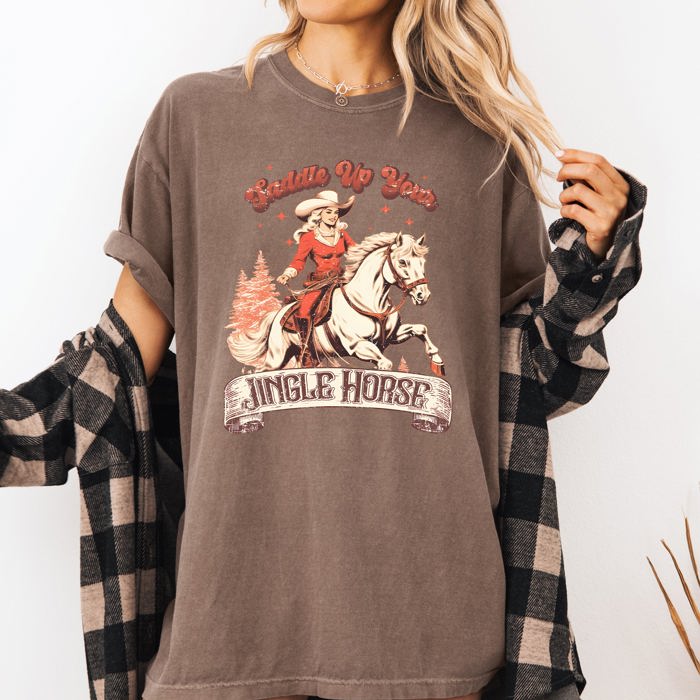 Saddle Up Your Jingle Horse Cowboy Cowgirl Christmas Carol Western Comfort Colors Tee