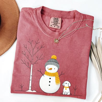 Snowman and Dog Winter Scene with Christmas Tree Vintage Inspired Comfort Colors Tee