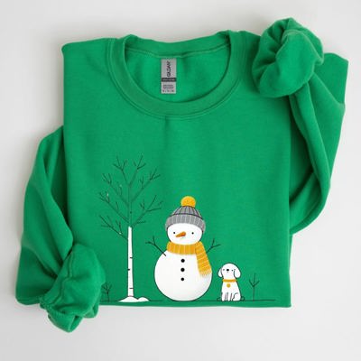 Snowman And Dog Winter Scene With Christmas Tree And Snowflake Accents Graphic Sweatshirt