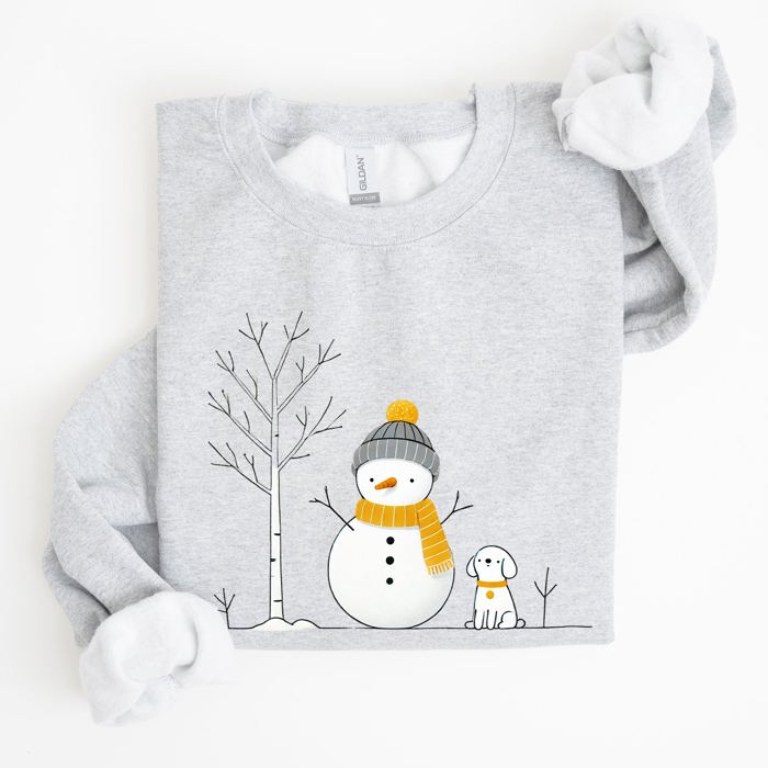 Snowman And Dog Winter Scene With Christmas Tree And Snowflake Accents Graphic Sweatshirt
