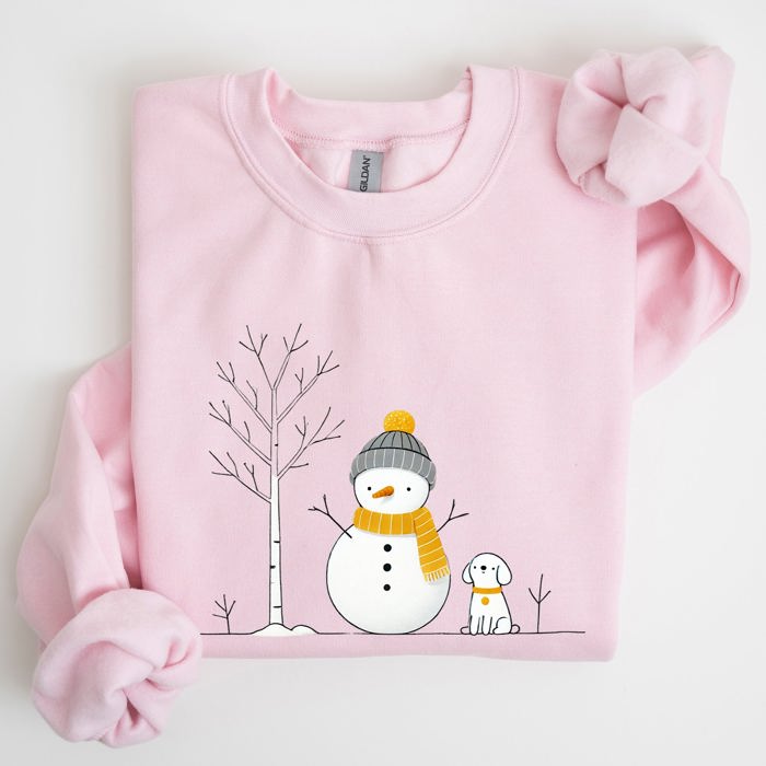 Snowman And Dog Winter Scene With Christmas Tree And Snowflake Accents Graphic Sweatshirt