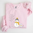 XL Light Pink Snowman And Dog Winter Scene With Christmas Tree And Snowflake Accents Graphic Sweatshirt