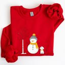 Small Red Snowman And Dog Winter Scene With Christmas Tree And Snowflake Accents Graphic Sweatshirt