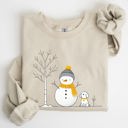 XL Sand Snowman And Dog Winter Scene With Christmas Tree And Snowflake Accents Graphic Sweatshirt