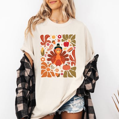 Thanksgiving Turkey With Floral Bouquet Boho Botanical Autumn Harvest Design Comfort Colors Tee