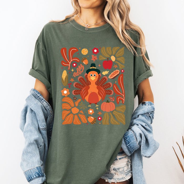 Thanksgiving Turkey With Floral Bouquet Boho Botanical Autumn Harvest Design Comfort Colors Tee